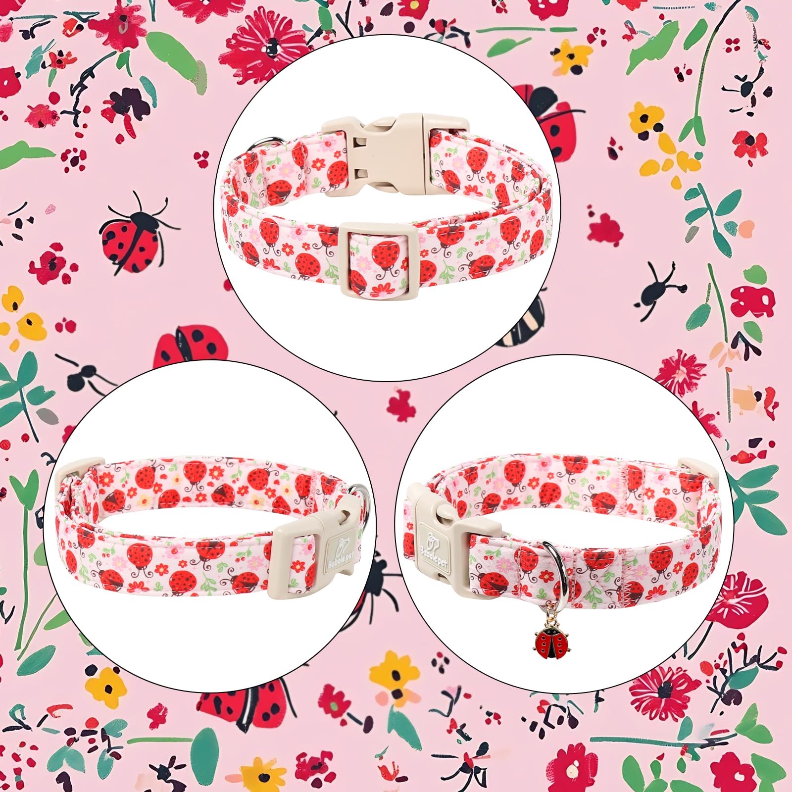 Babole Pet Lucky Ladybug Dog Collar for Puppy Small Dogs - Sweet Pink Girl Dog Collars, Lightweight Adjustable Spring Garden Mom Dogs Collars with Quick Release Buckle XS
