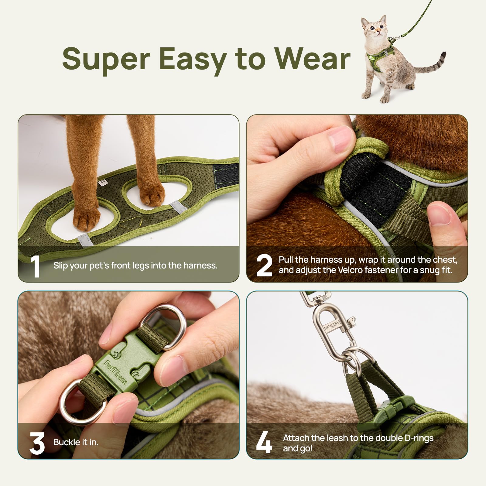 Upgraded Cat Harness and Leash Set - Step-in Escape Proof Adjustable Cat Harness, Comfortable Soft Lightweight, Reflective Harness for Walking, Travel, Camping (Green, M)