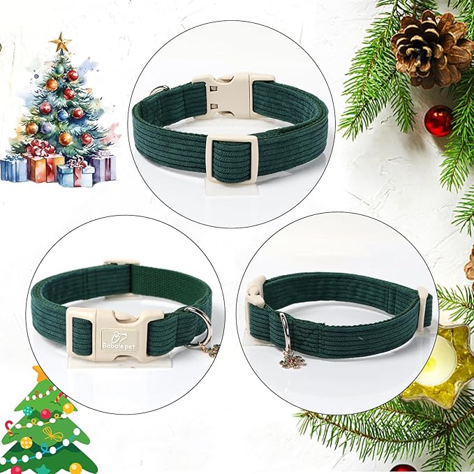 Babole Pet Cute Corduroy Dog Collar - Forest Green Adjustable Dog Collars for Medium Dogs 25-50lbs, Fade-Proof with Secure Snap & Little Charm, Christmas Birthday Gift, M