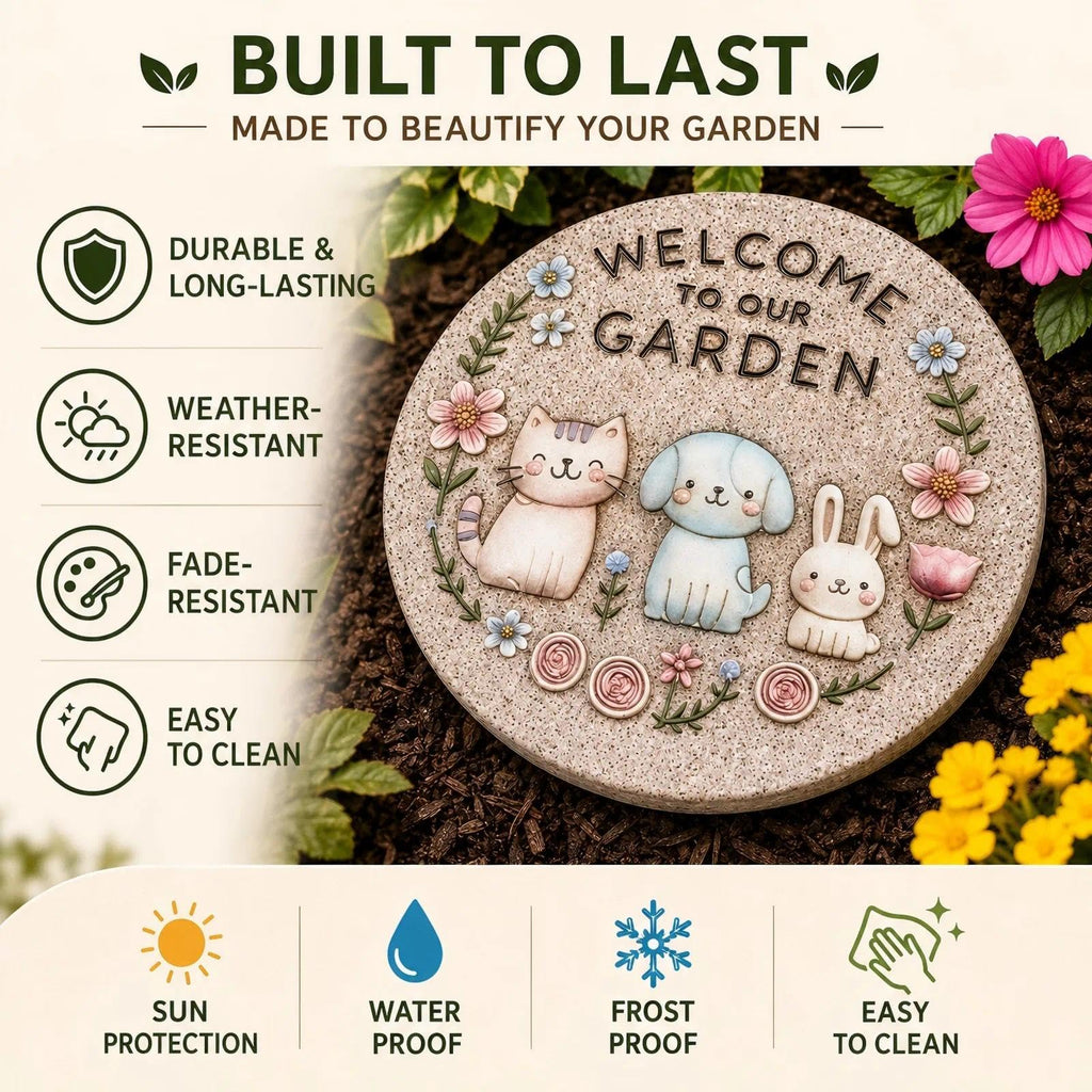Bechivie Garden Stepping Stones Outdoor, 9.8" Resin Pet Cat Dog Bunny Stepping Stone for Walkway Gardening Gifts, Spring Decorative Round Welcome to Our Garden Home Decor for Outside Yard Patio Lawn