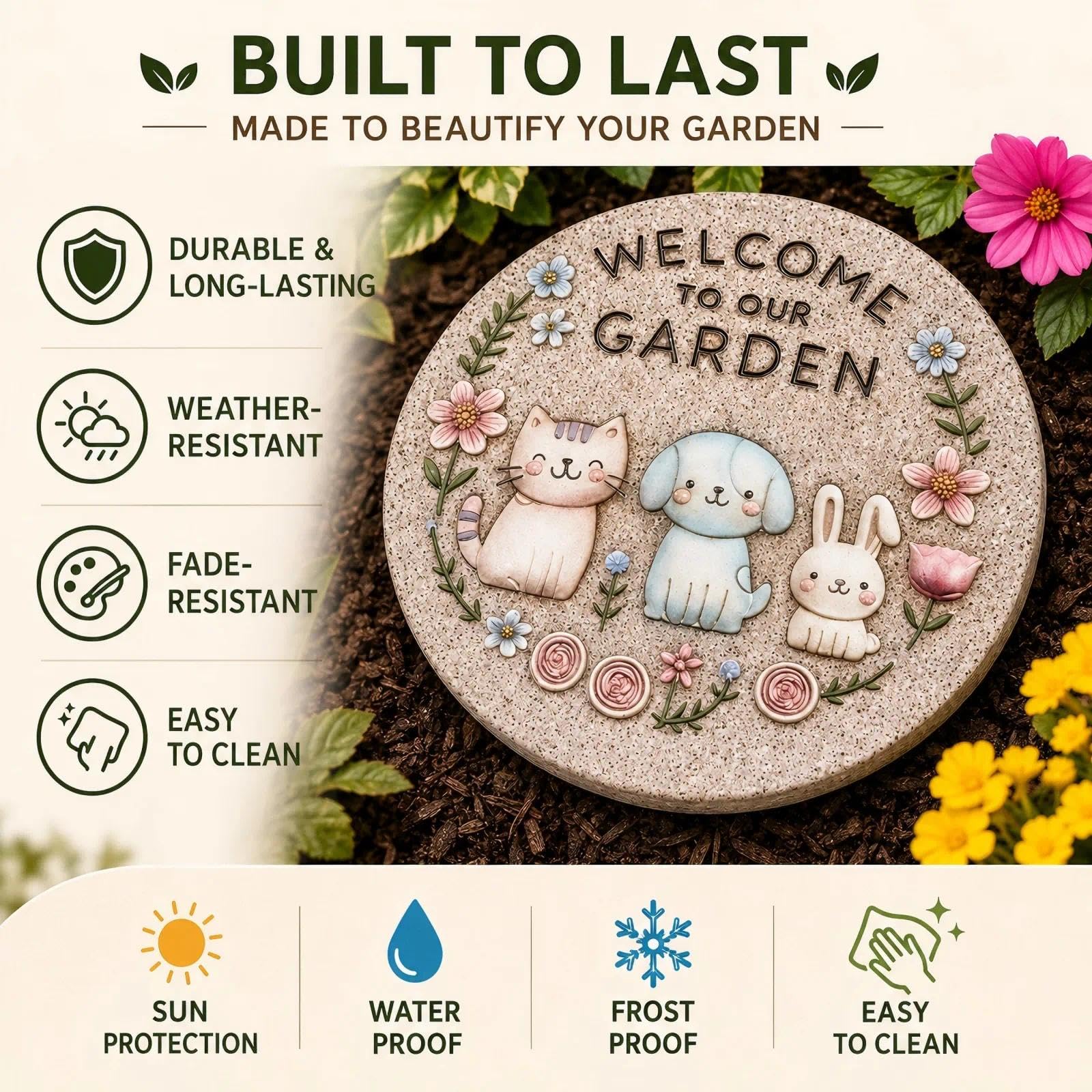 Bechivie Garden Stepping Stones Outdoor, 9.8" Resin Pet Cat Dog Bunny Stepping Stone for Walkway Gardening Gifts, Spring Decorative Round Welcome to Our Garden Home Decor for Outside Yard Patio Lawn