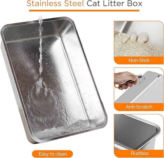 Anywish Stainless Steel Cat Litter Box with Lid, XL Extra Large Enclosed Removable Metal Litter Box with Litter Scoop&Double Layer Litter Mat, Non-Sticky, Non-Odor, Easy Cleaning, for Big Cats, Black