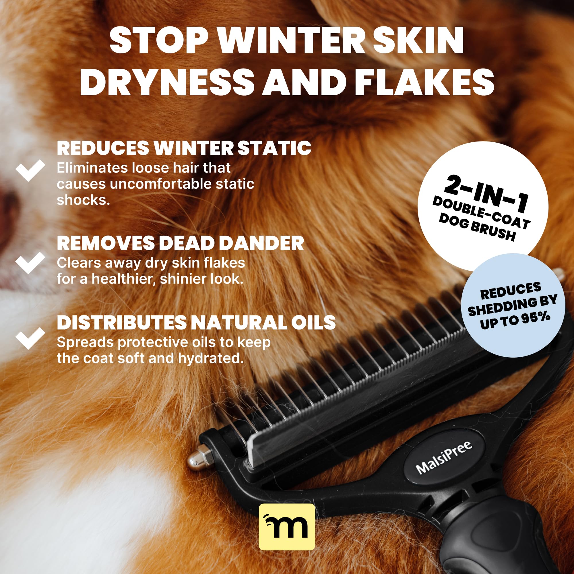 MalsiPree Dog Brush - Large Black, 2-in-1 Undercoat & Dematting Rake