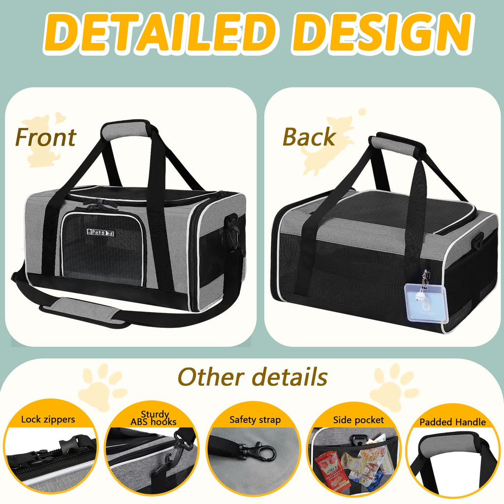 Petskd Small Pet Carrier 17" L x 11" W x 9.5" H Airline Approved, Grey