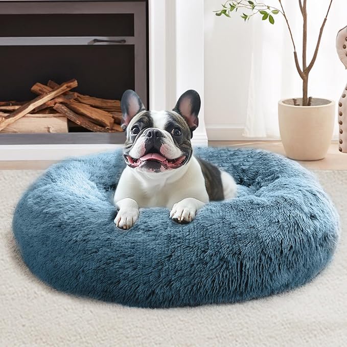 JOLLYVOGUE Calming Dog Bed Medium Size Dog, 31in Donut Washable Medium Pet Bed, Anti-Slip & Anti-Anxiety Fluffy Faux Fur Round Dogs Bed, Fits up to 45 lbs Pets (Blue)