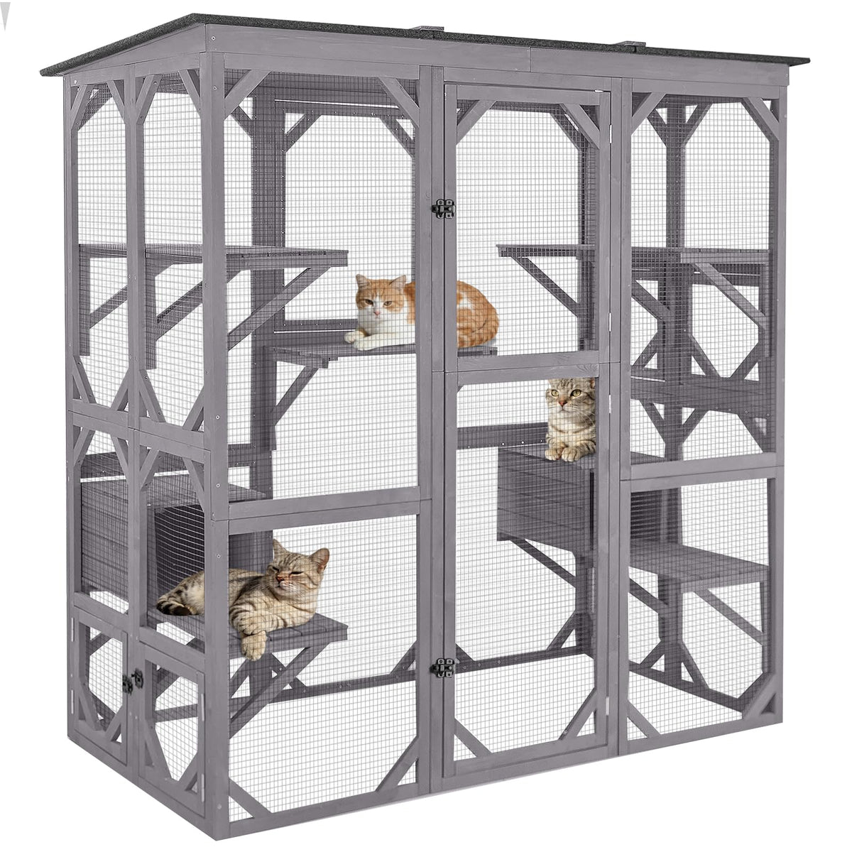 Aivituvin Catio Outdoor Cat Enclosure with 7 Platforms, 2 Resting Boxes, Large Window Cat House for 6-8 Mulitiple Cats Walk in Kitty Cage with Weatherproof Tarp Roof 71"