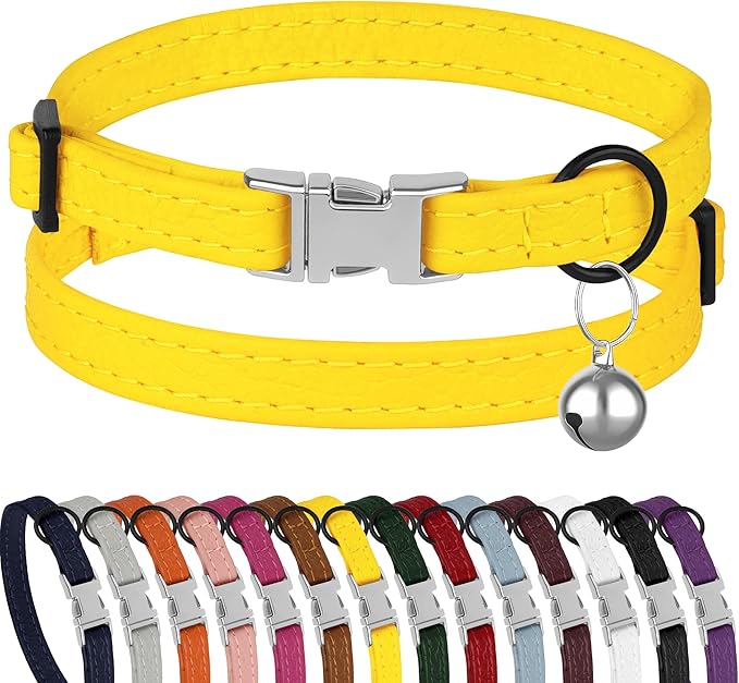 Leather Cat Collar with Buckle and Removable Bell - Non Breakaway Adjustable Soft Safety Small Pet Collars for Girl Boy Cats Kitten (White)