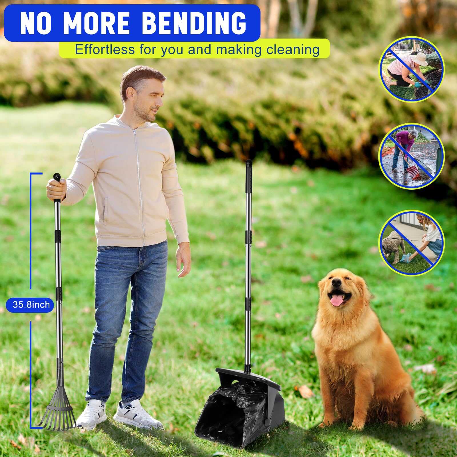 Dog Poop Scooper with 20 Bag Attachment Long Handle Swivel Bin, Rake Heavy Duty Pooper Scooper for Large Medium Dogs Easy to Clean Pet Accessory Pet Waste Removal Solution for Yard, Grass, Gravel
