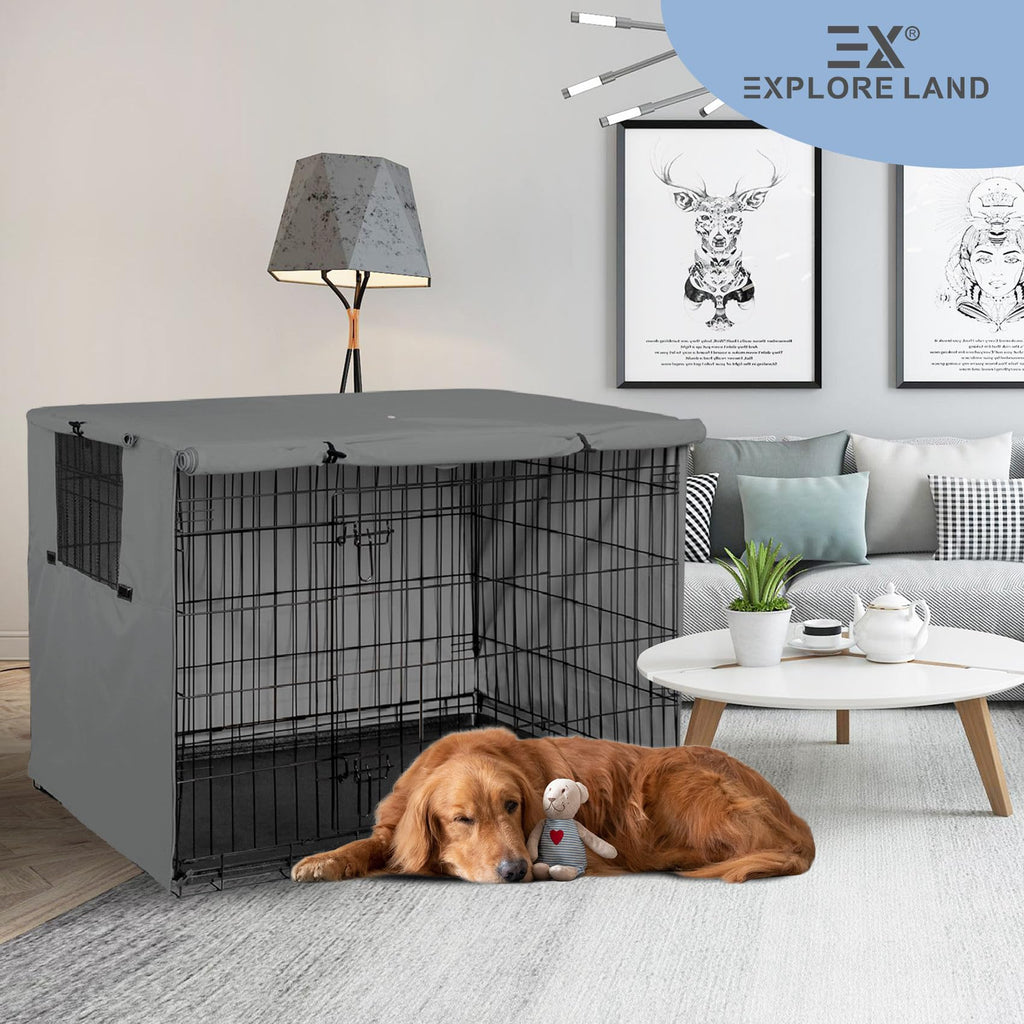 Explore Land Dog Crate Cover Heavy Duty Polyester Pet Kennel Sunshade Universal Fit for 36 inches Wire Cage (Grey)