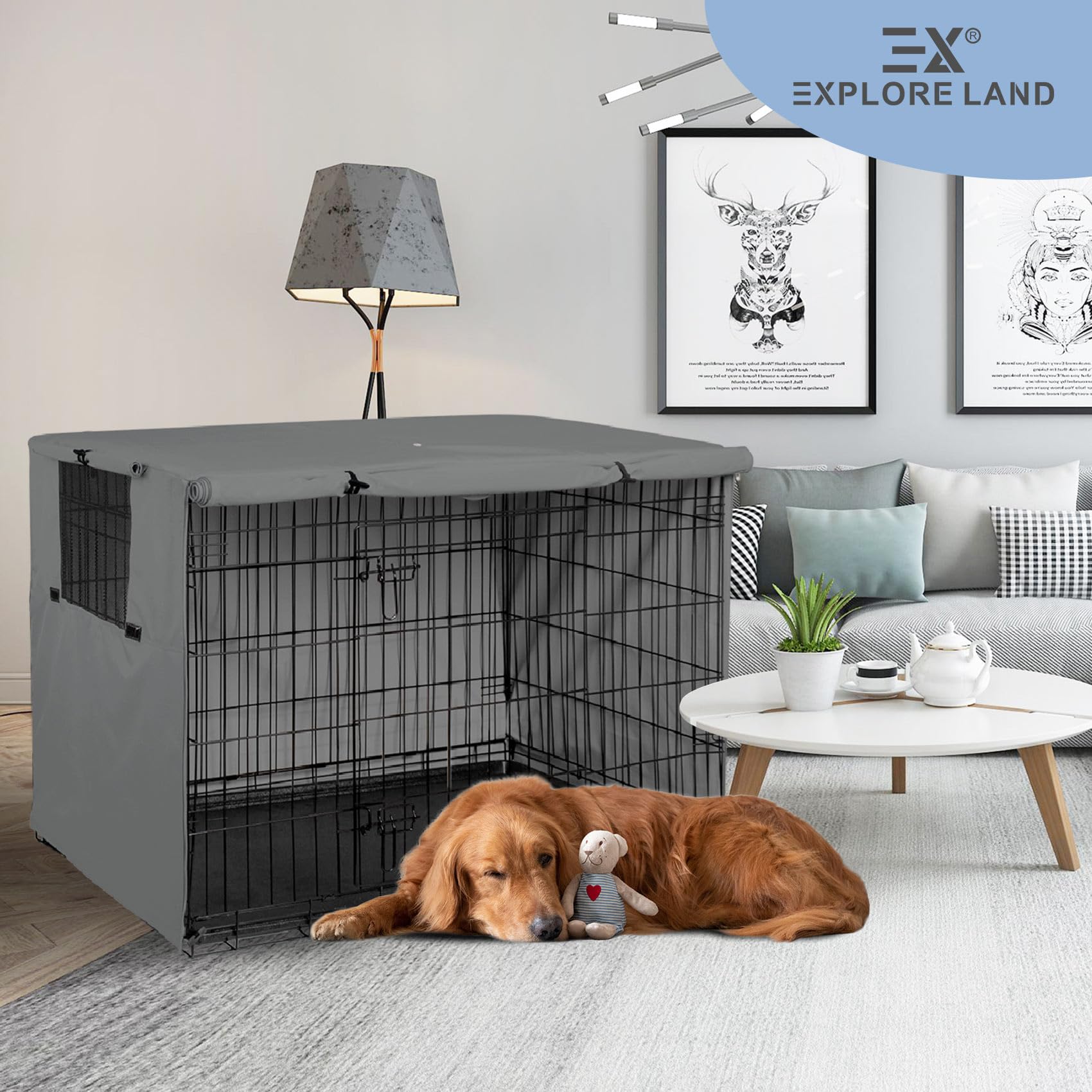 Explore Land Dog Crate Cover Heavy Duty Polyester Pet Kennel Sunshade Universal Fit for 36 inches Wire Cage (Grey)