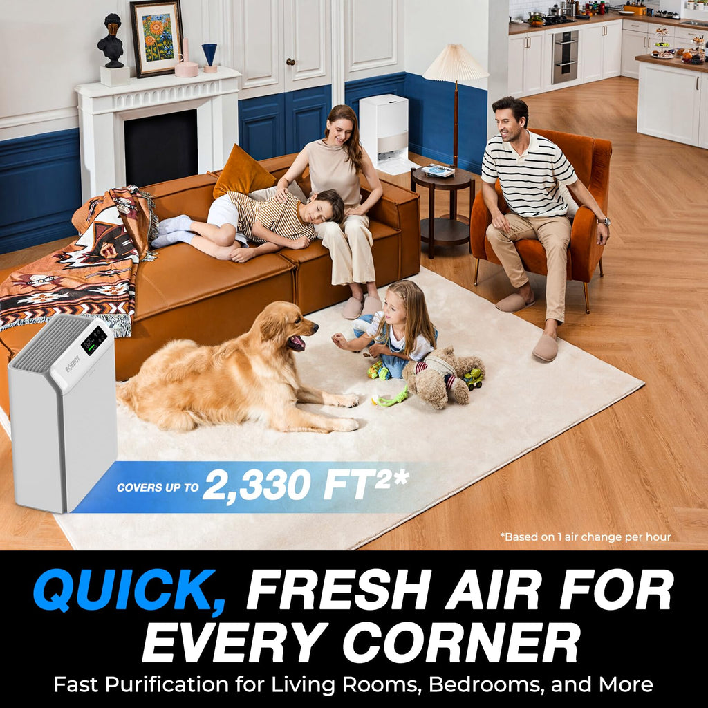 Air Purifiers for Home Large Room, Cover Up to 2,330 Ft² with True HEPA Filter & Washable Pre-Filter, Sleep Mode, PM2.5 Air Quality Monitor, Air Purifier for Bedroom, Pet Hair, Dust, Smoke, White