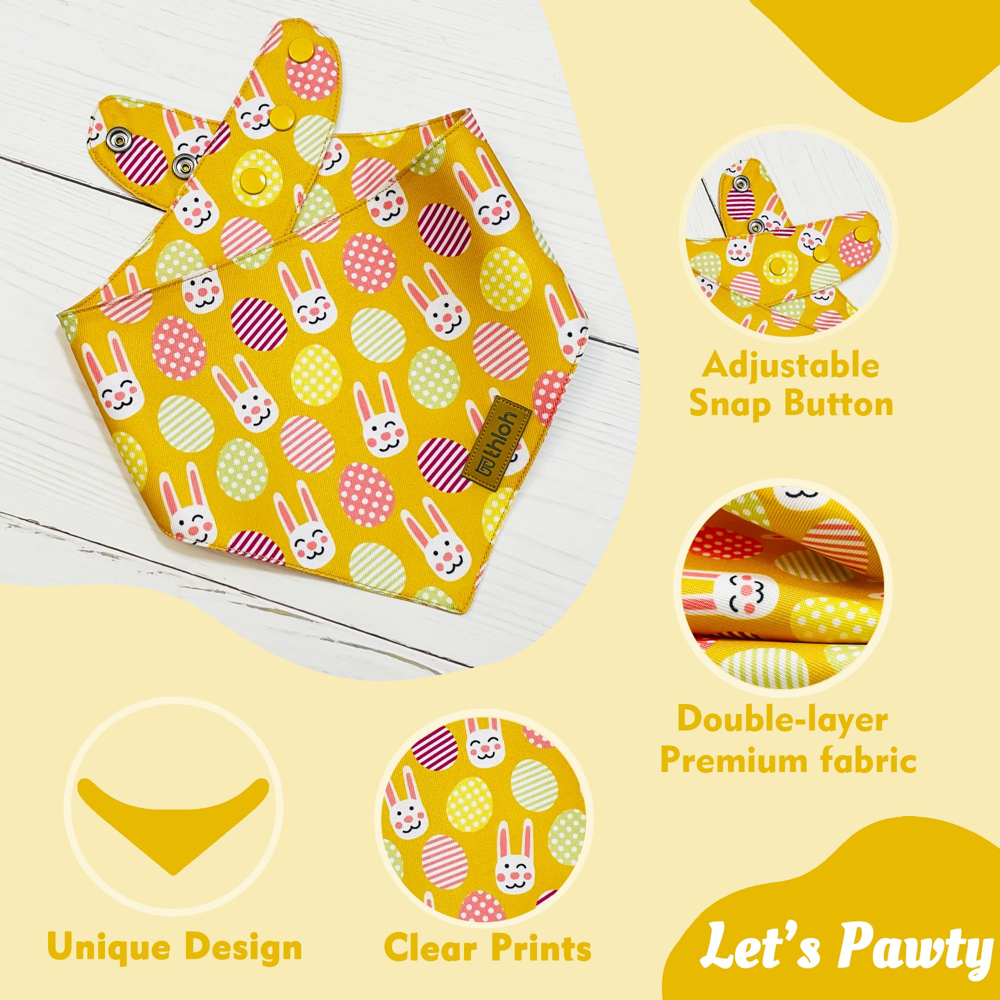 THLOH Easter Dog Bandanas with Snap Button, 2 Pack Reversible Spring Bandana for Boy & Girl, Premium Durable Fabric, Bunny and Egg Dog Scarf for Small Dogs (Small)