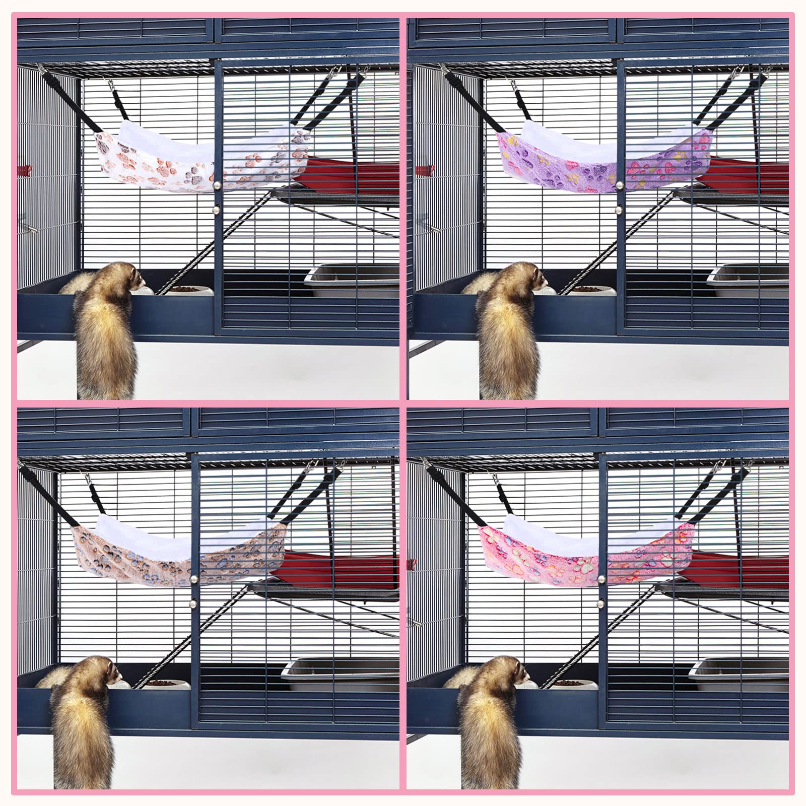 Geelin 4 Pcs Cat Hammock for Cage Soft Hanging Pet Hammock Bed with Adjustable Straps and Metal Hooks Double Sided Bed for Large & Small Cats Ferret Rat Sugar Glider(Paw,16 x 20 Inch)