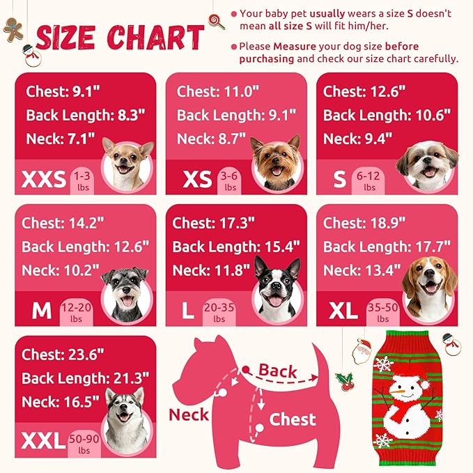 Dog Christmas Sweater Cute Snowman Puppy Cat Costume Boy Girls Xmas Holiday Pet Clothes New Year Outfits Gifts for Small Medium Large Dogs (XL, Red Green Stripe Snowman)