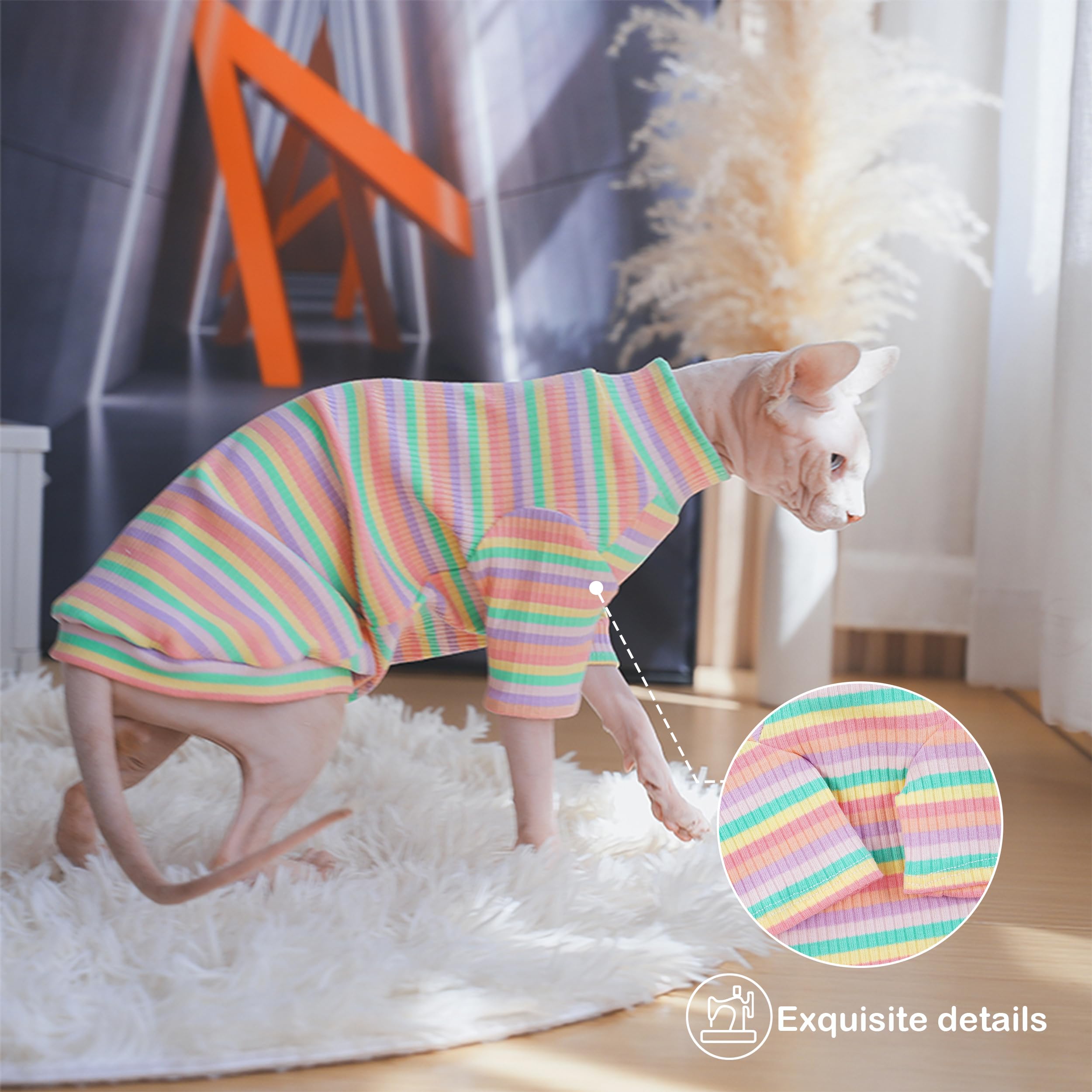 PUMYPOREITY Soft Hairless Cats Clothes - Rainbow Stretchy Cat Sweater, Pullover Jumpsuit, Turtleneck Outfit for Sphynx, Cornish Rex, Devon Rex, XS
