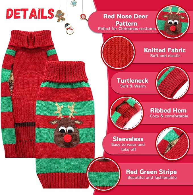 Dog Cat Christmas Sweater Boy Girl Ugly Reindeer Xmas Pet Clothes Holiday Puppy Costume New Year Gifts for Small Medium Large Dogs Outfits (XXS, Red Green Stripe Reindeer)