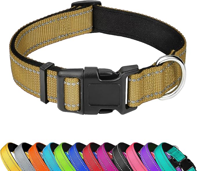 PWOD Reflective Dog Collar, Adjustable Soft Neoprene Padded Nylon Pet Collars with Buckle for Puppy and Small Dogs, Cats, Khaki,XS