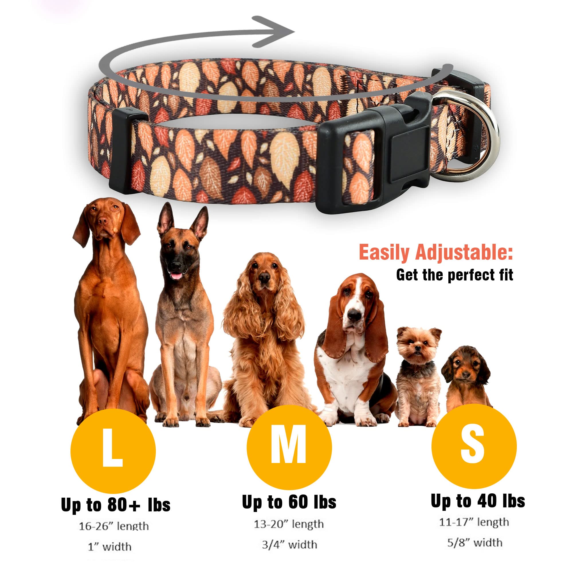 Native Pup Thanksgiving Dog Collar- Fall Collars for Dogs- Autumn Leaf, Turkey, Pumpkin Pie, Holiday Leaves- Girl Boy Puppy- Adjustable for Small, Medium, Large Breeds (Fall Leaves, Small)