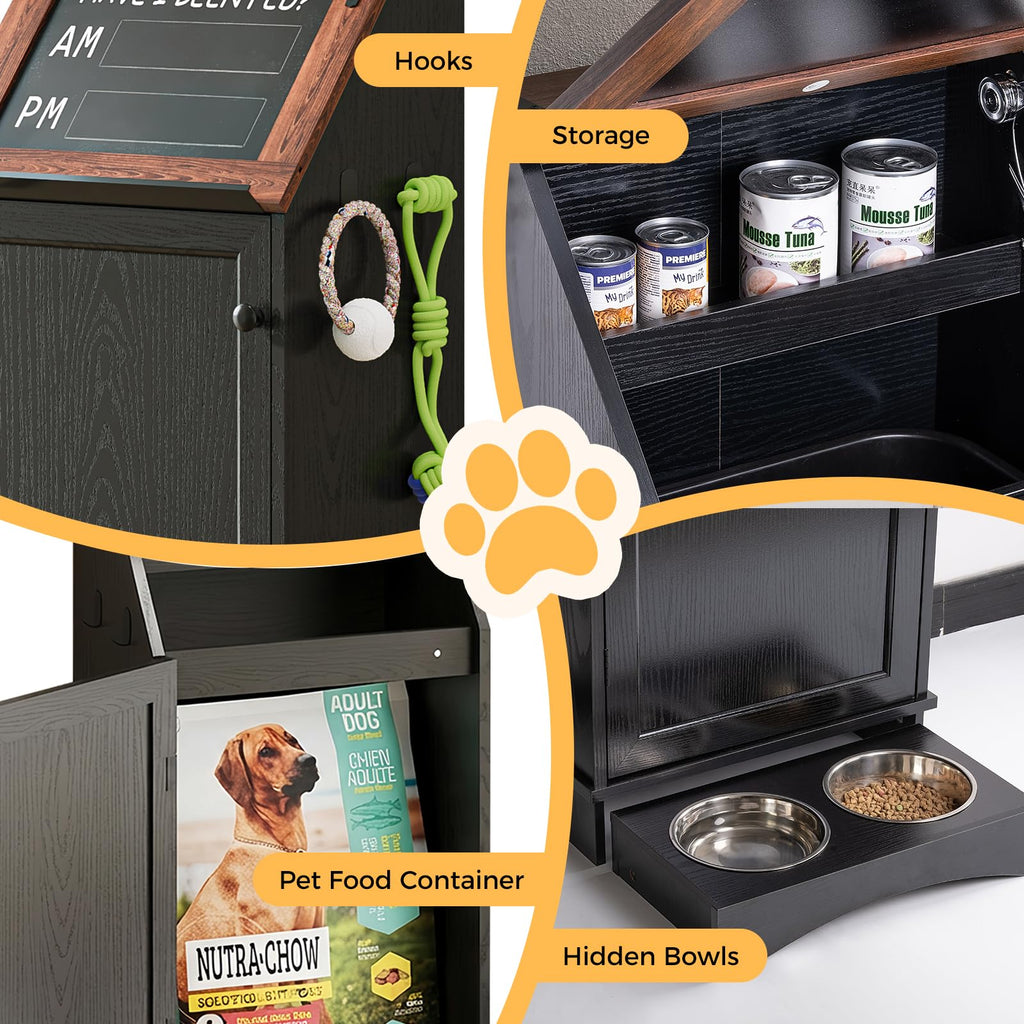 Furnivio Dog Food Feeding Station with Storage, Pet Food Storage Cabinet with Bowls and Flip-Top Blackboard, Hidden Trash Can, Pet Organizer Cabinet for Dog and Cat, Black
