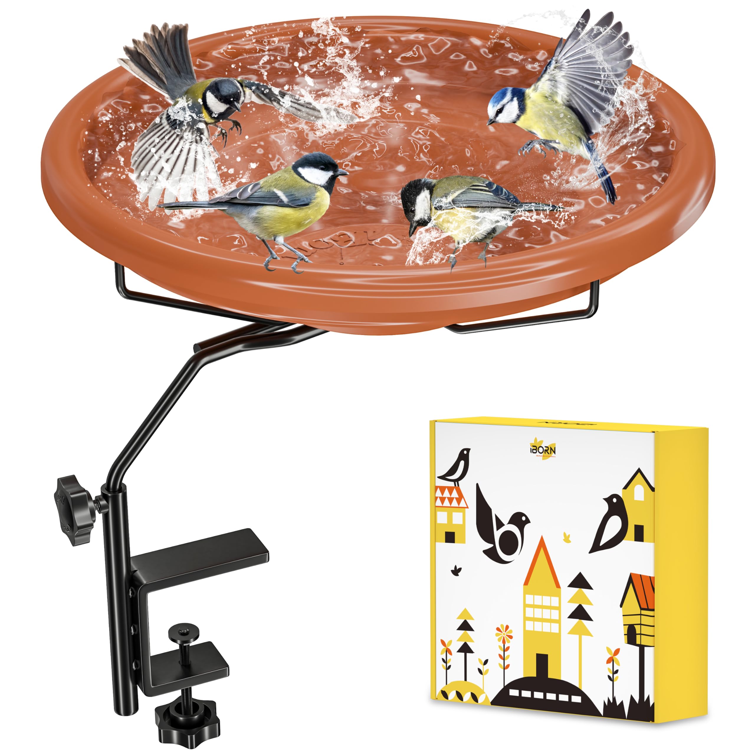 iBorn Bird Bath for Outside,Deck Mounted Bird Bath 12in，Birds Baths for Outdoors with Adjustable Clamp 3.2in，BPA-Free Bowl，360°Swivel & Adjustable Height Bracket，Detachable Birds Baths, Pack of 1