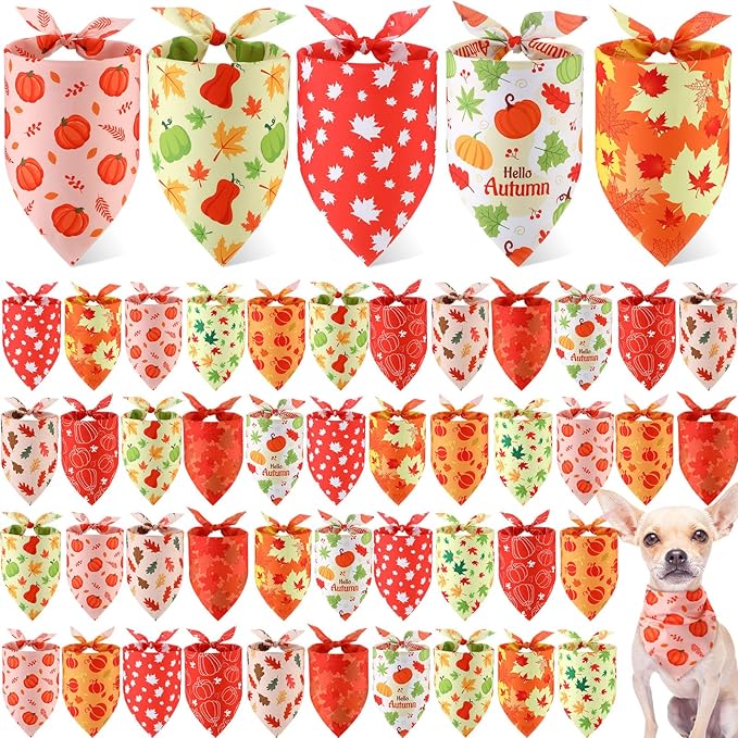 Weewooday 50 Pcs Thanksgiving Fall Dog Bandanas Bulk for Dogs Autumn Soft Bibs Adjustable Triangle Pet Bandana for Small Medium Large Costume(Leaves Pattern