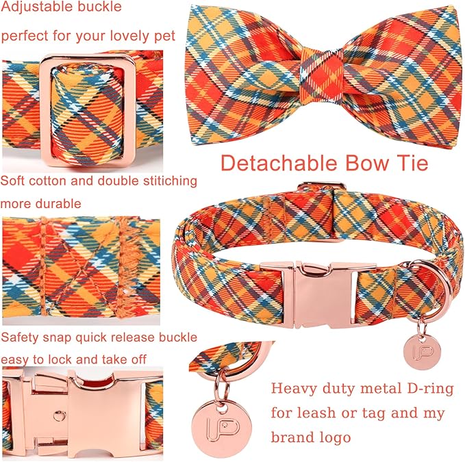 UP URARA PUP Autumn Plaid Dog Collar and Bow Tie Set – Orange Yellow Checkered Adjustable Fall Collar with Maple Leaf Charm for Small Medium Large Dogs, Soft Cotton Pet Collars with Buckle and D-Ring