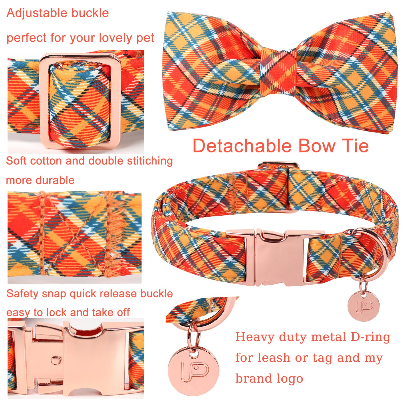 UP URARA PUP Autumn Plaid Dog Collar and Bow Tie Set – Orange Yellow Checkered Adjustable Fall Collar with Maple Leaf Charm for Small Medium Large Dogs, Soft Cotton Pet Collars with Buckle and D-Ring