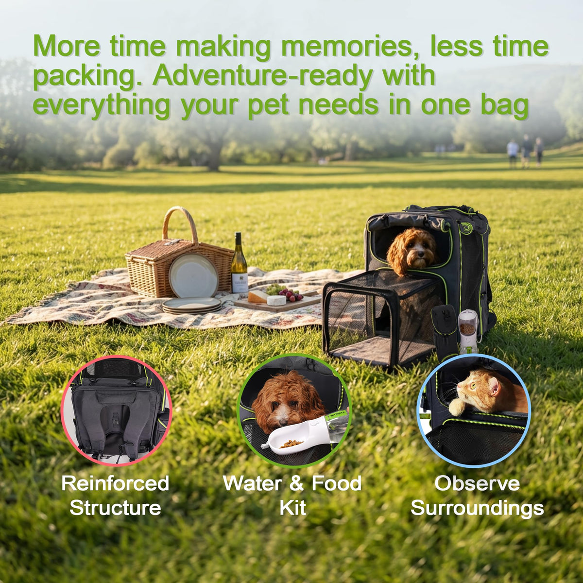 Set4Pets Expandable Cat Carrier Backpack for Cats & Small Dogs, Gray/Green