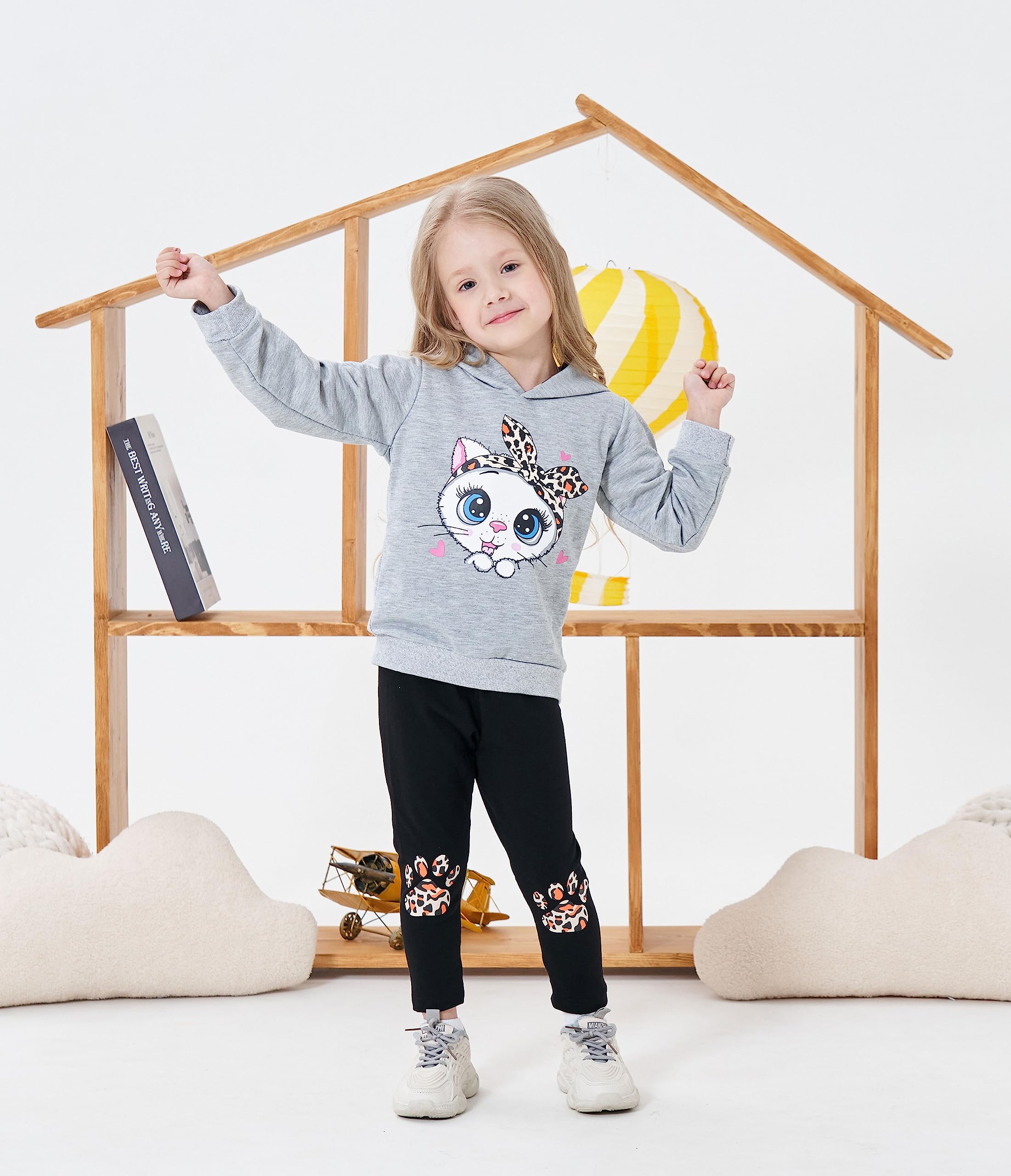 Axumity Toddler Girl Clothes Cat Print Pullover Sweatshirt + Leopard Print Pant 2-Piece Kid Girl Fall Winter Pants Set(3-4T)