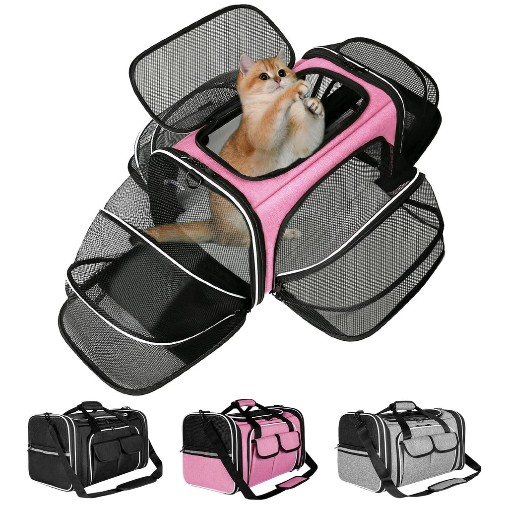 Estarer Soft Sided Pet Carrier Airline Approved, 4 Sides Expandable Collapsible Cat Carrier with Pockets & Removable Fleece Pad, Travel Carrier Bag for Cat Dog & Small Animals (Pink)
