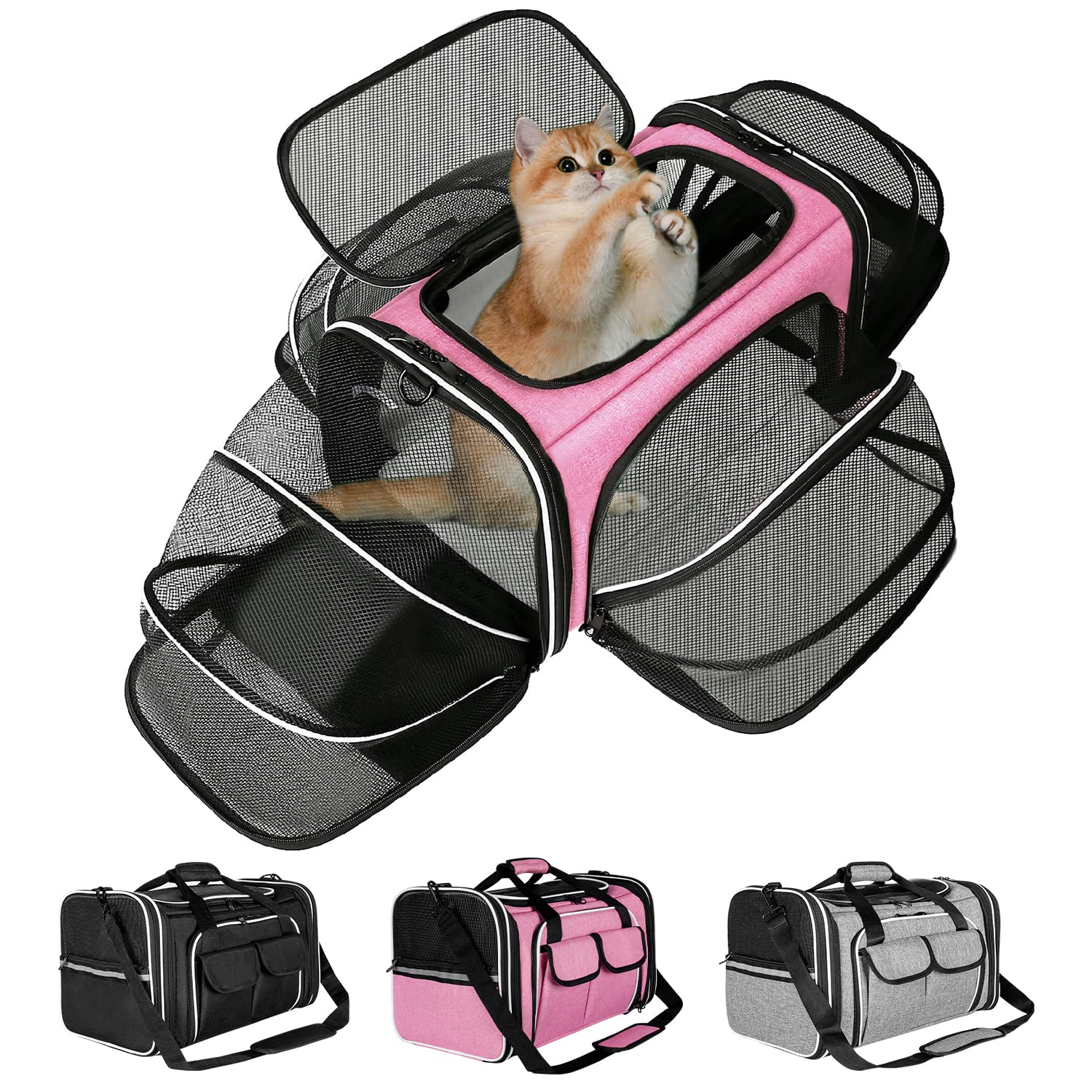 Estarer Soft Sided Pet Carrier Airline Approved, 4 Sides Expandable Collapsible Cat Carrier with Pockets & Removable Fleece Pad, Travel Carrier Bag for Cat Dog & Small Animals (Pink)