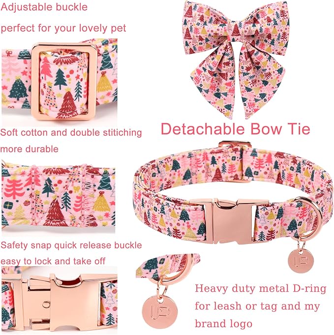 UP URARA PUP Christmas Dog Collar with Bow Tie, Pink Christmas Tree Collars for Dogs, Adjustable Pet Collar with Cute Xmas Tree Pendant, Winter Dog Accessories for Small Medium Large Dogs M