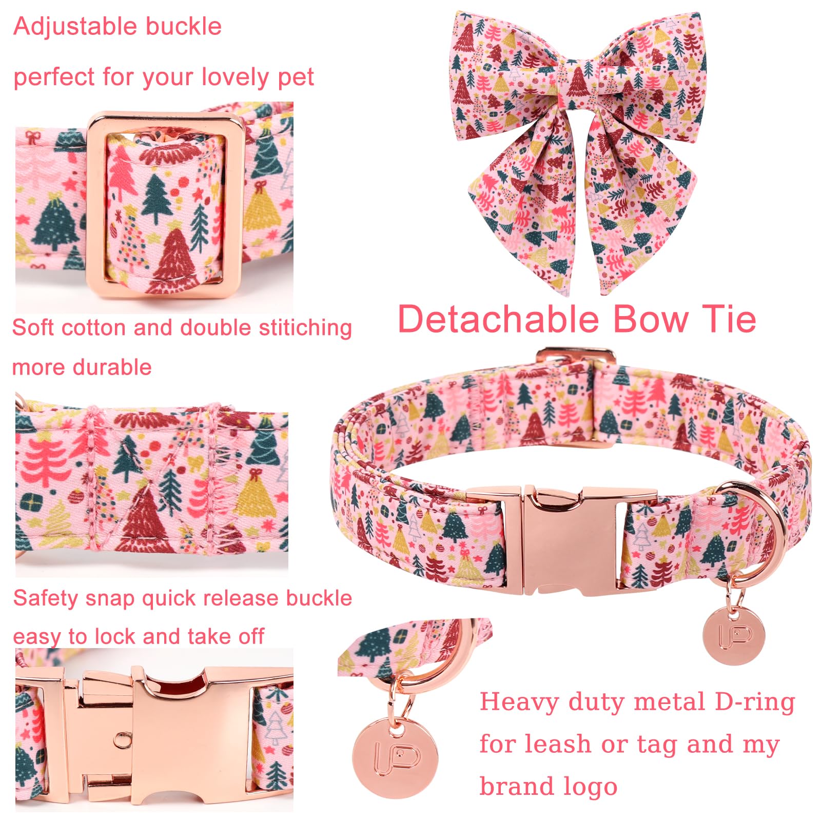 UP URARA PUP Christmas Dog Collar with Bow Tie, Pink Christmas Tree Collars for Dogs, Adjustable Pet Collar with Cute Xmas Tree Pendant, Winter Dog Accessories for Small Medium Large Dogs M