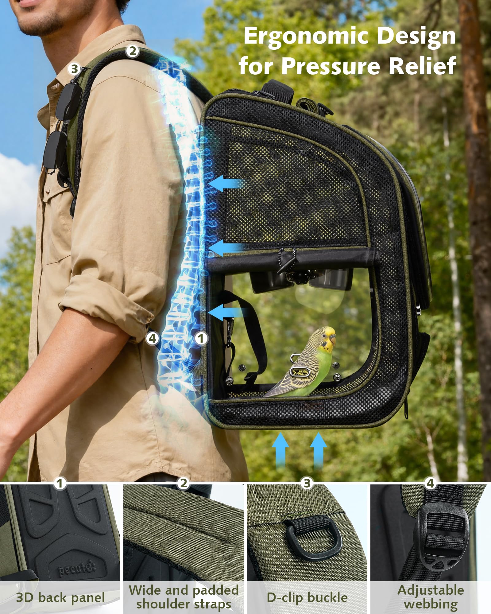Pecute Bird Backpack Carrier with Standing Perch for Small Parrot, Green