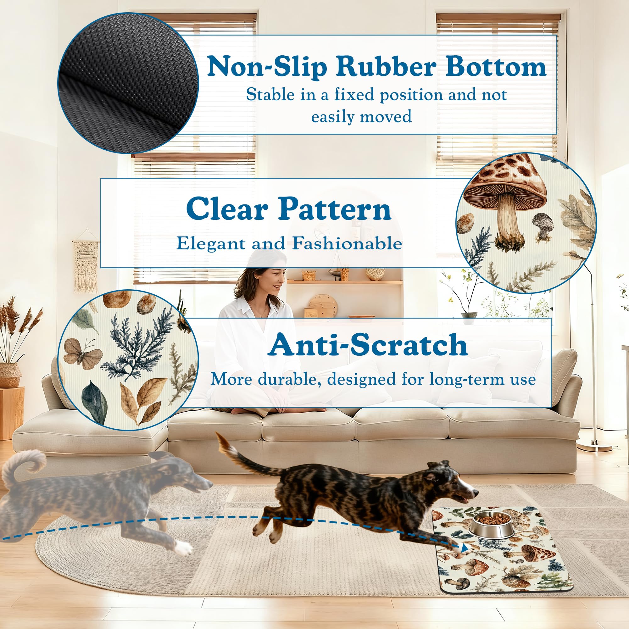 Vintage Mushroom Floral Dog Cat Food Mat–Absorbent Waterproof Placemat for Food and Water Bowls, Non Slip Rubber Backing, Feeding Mat for Clean Floors 12"x20"