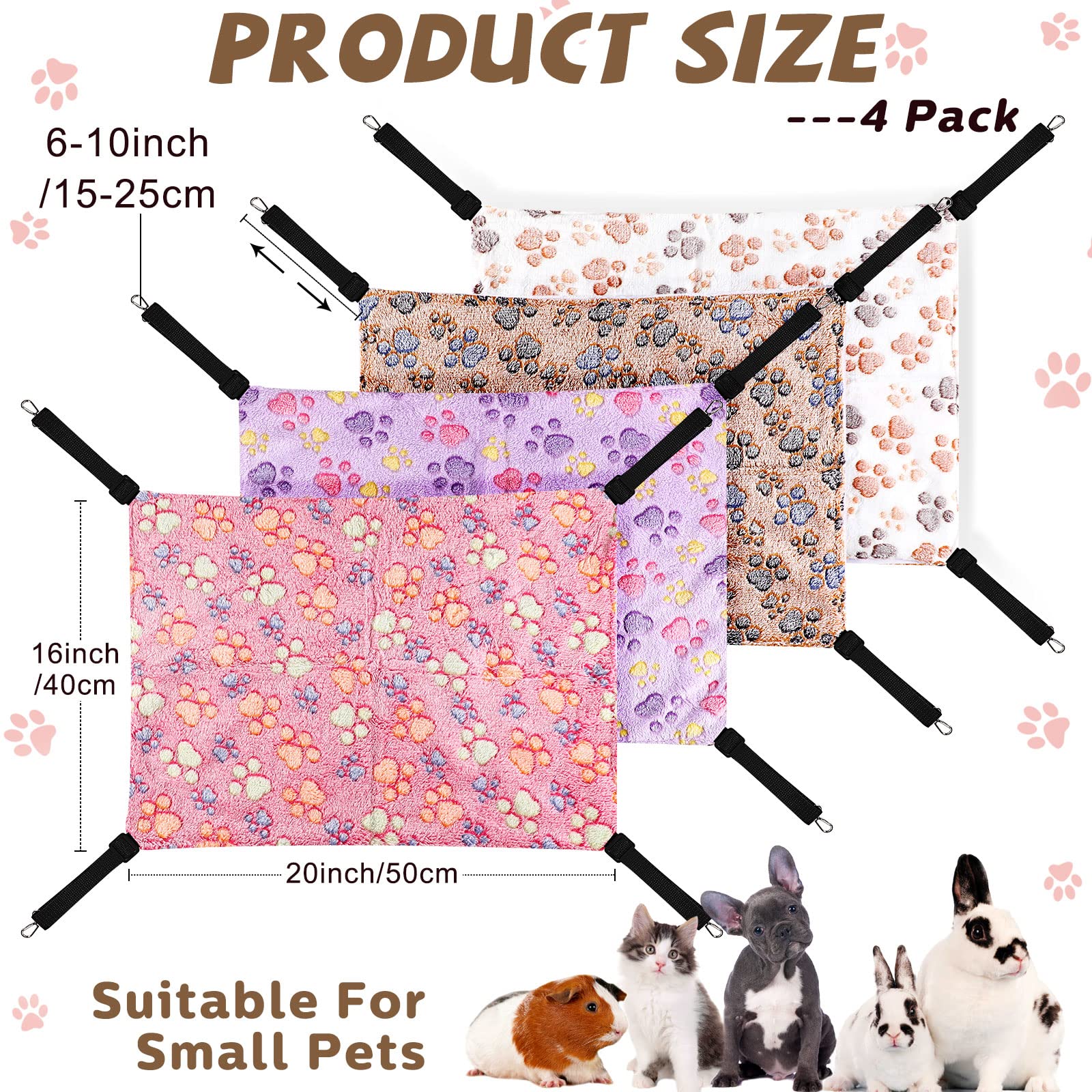 Geelin 4 Pcs Cat Hammock for Cage Soft Hanging Pet Hammock Bed with Adjustable Straps and Metal Hooks Double Sided Bed for Large & Small Cats Ferret Rat Sugar Glider(Paw,16 x 20 Inch)