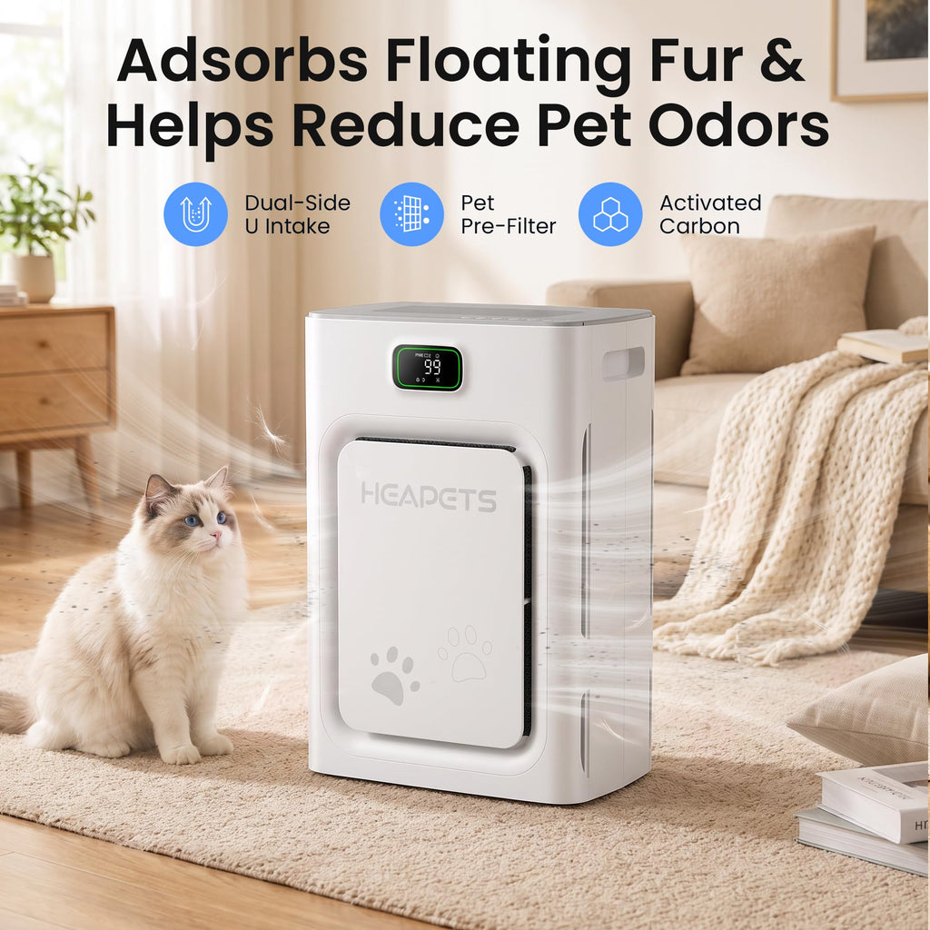 Pet Air Purifier for Home Large Room 2500 Sq Ft, H13 HEPA Double-Sided Filter with Washable Pre-filter, Adsorbs Pet Hair Dander Odor Allergies Smoke Dust,PM2.5 Air Quality Monitor,Auto Mode,P358 Grey