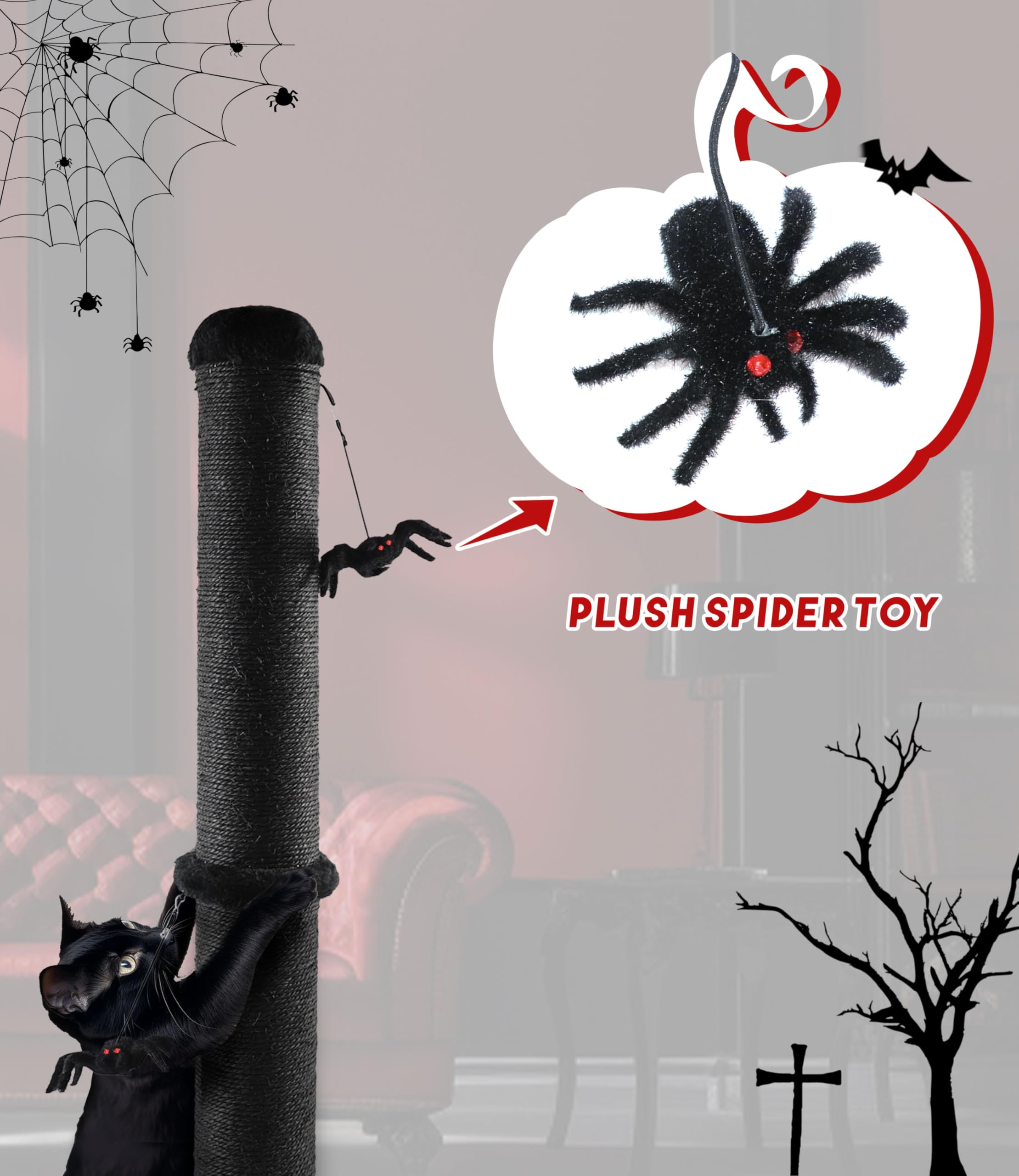 PuzzlePaw Gothic Cat Scratching Post with Spider Toys for Indoor Large Cats