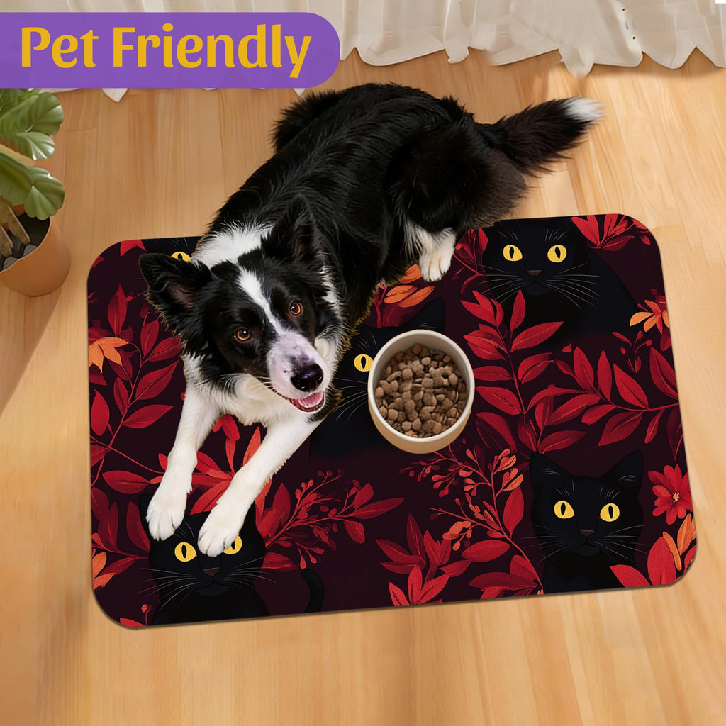 Black Cat Forest Pet Feeding Mat, Fast-Dry Absorbent Dog and Cat Bowl Mat, Waterproof Non-Slip Base for Messy Eaters, Indoor Pet Accessories – 16x24 Inch