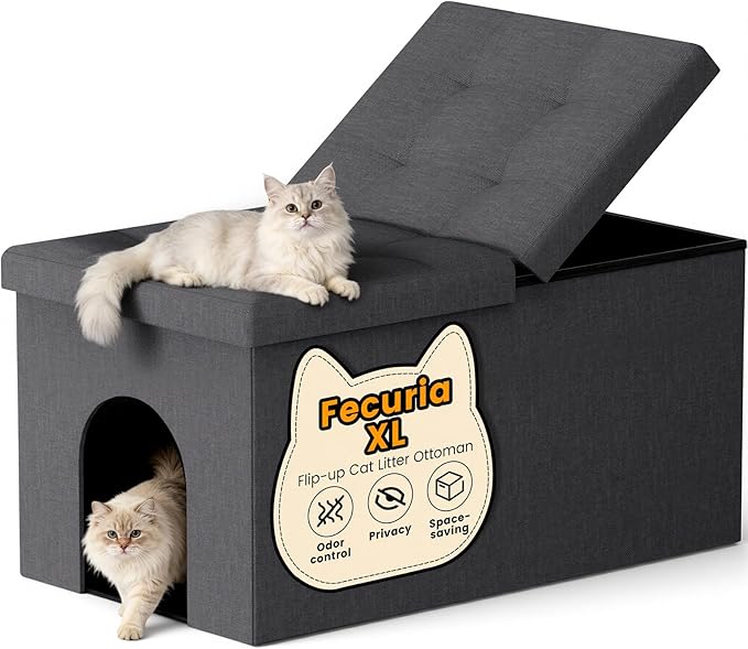 Fecuria 3-in-1 Cat Litter Box Enclosure with Odor Control, Multi-Functional Hidden Litter Box Furniture Bench, Dog Proof, Space-Saving Ottoman Cabinet with Flip-Up Lid, Extra Large, Dark Grey