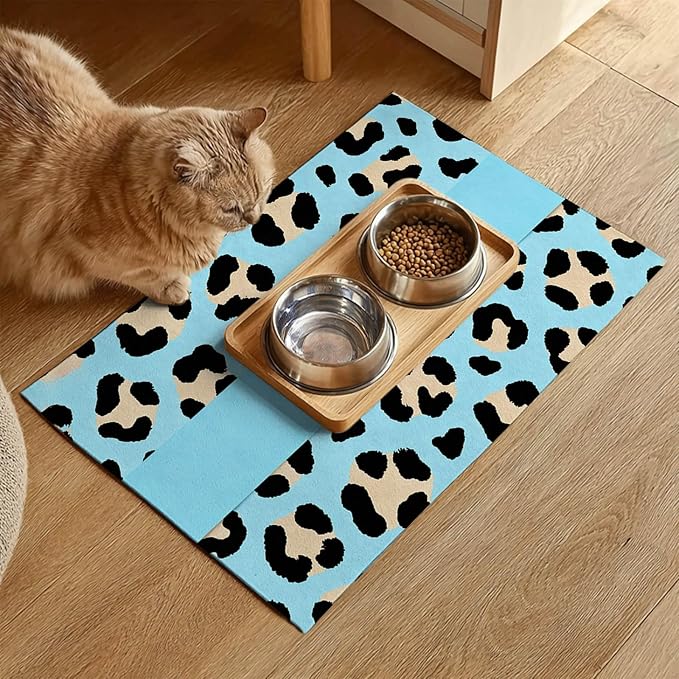HOMETITUTE Puppy Feeding Mat Blue Leopard Print Meal Pad 20 x 12 Inch