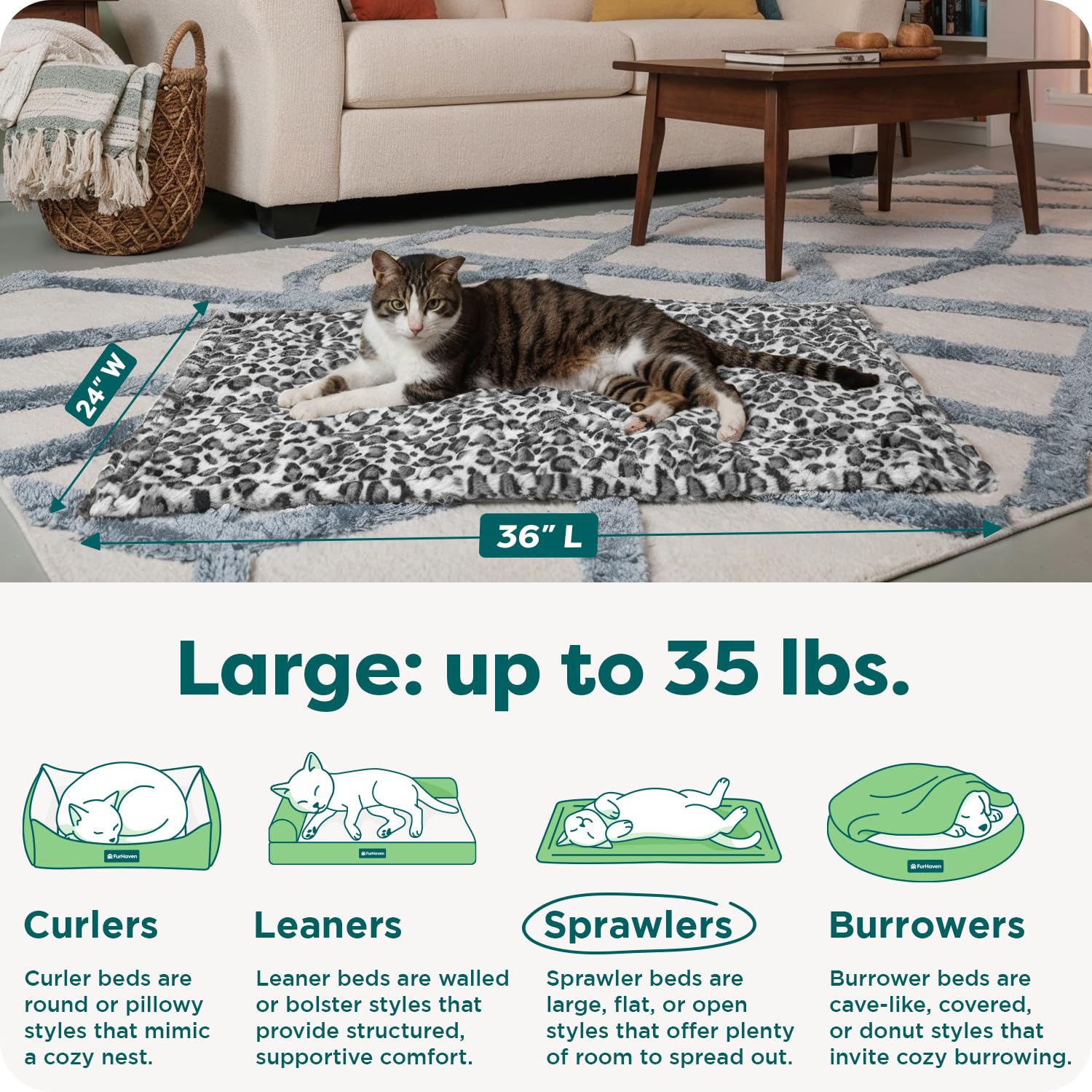 Furhaven ThermaNAP Self-Warming Cat Bed for Indoor Cats & Large/Medium Dogs, Washable & Reflects Body Heat - Quilted Faux Fur Reflective Bed Mat - Snow Leopard, Large