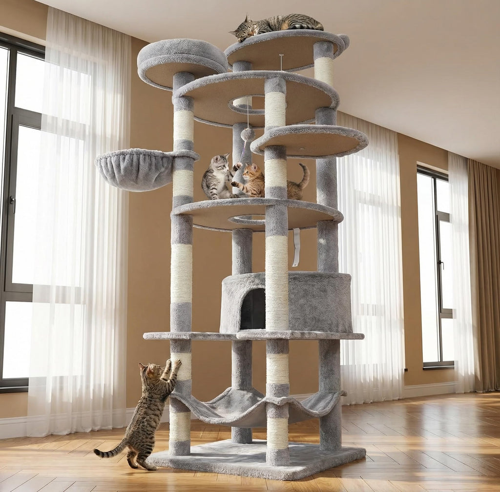 KWOJU 78.8" Large Cat Tree Tower for Indoor Kitties, Multi-Level Furniture Activity Center for Tall Cat Condo with Cozy Perches,Sisal Scratching Posts,Hammock and Basket (78.8 inch Light Gray)