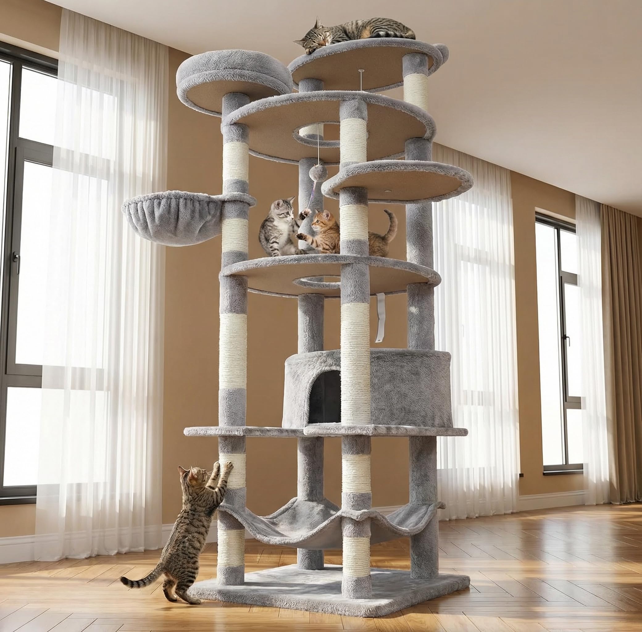 KWOJU 78.8" Large Cat Tree Tower for Indoor Kitties, Multi-Level Furniture Activity Center for Tall Cat Condo with Cozy Perches,Sisal Scratching Posts,Hammock and Basket (78.8 inch Light Gray)