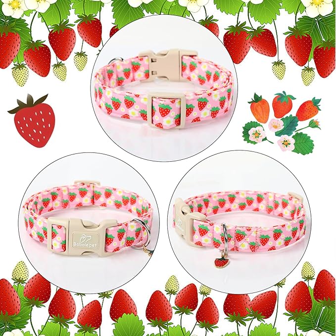 Babole Pet Cute Spring/Summer Dog Collar, Adjustable Pink Strawberry Dog Collars for Medium Dogs, Lightweight Quick-Release Buckle Collar for Boy&Girl Dogs M