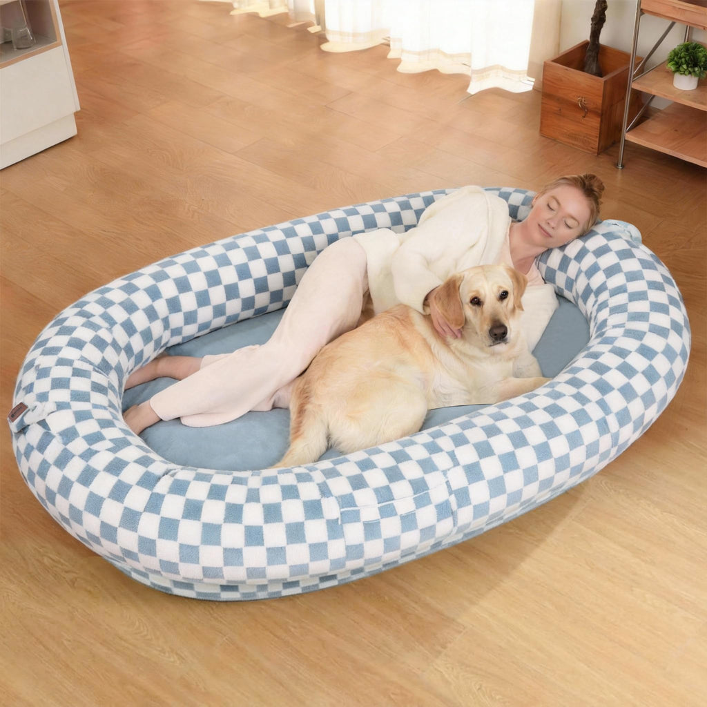 WOZOKE Human Dog Bed 74x50, Memory Foam Waterproof Liner Lounger,Blue Grid
