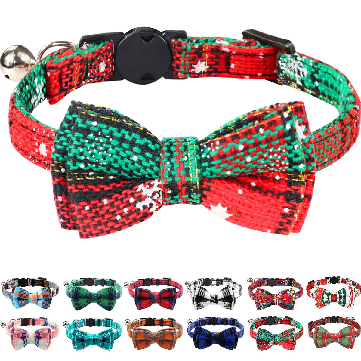 Joytale Upgraded Cat Collar with Bells, Breakaway Cat Collars with Bow Tie, 1 Pack Girl Boy Safety Plaid Kitten Collars, Red
