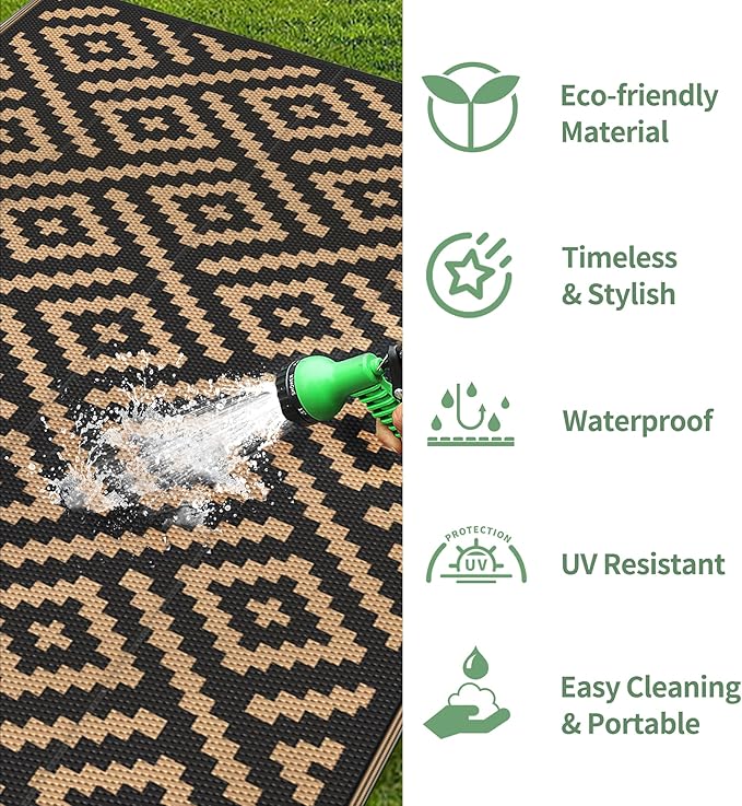 GENIMO Outdoor Rugs 8x10 Waterproof, Reversible Mats, Area Plastic Straw Rug, Outside Carpet, Geometric Rv Mat for Patio Camping Rv Picnic Backyard Deck Balcony Porch Beach Trailer (Black & Brown)