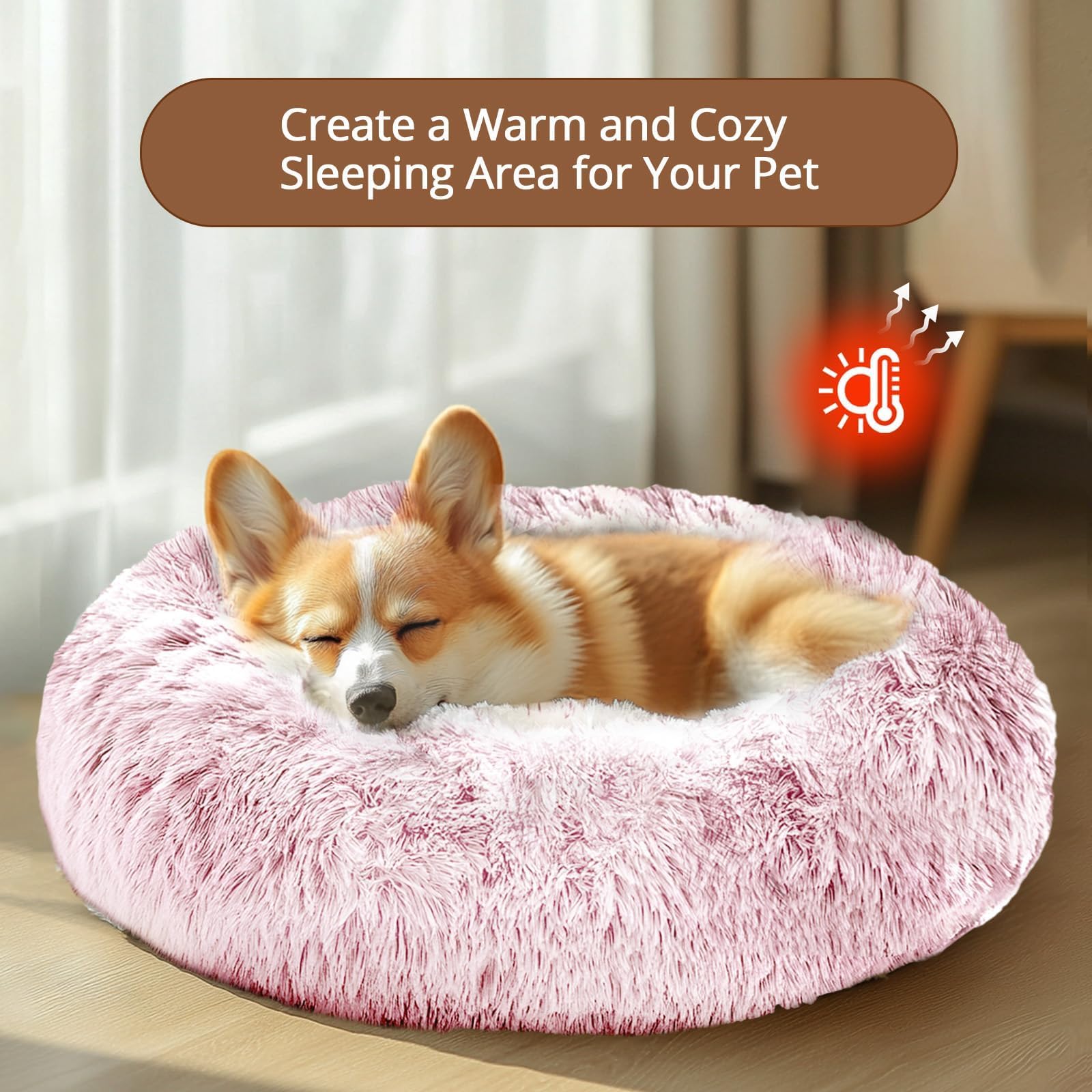 JOLLYVOGUE Calming Dog Bed Medium Size Dog, Anti-Anxiety Donut Medium Pet Bed, 27 inches Fluffy Faux Fur Round Cat Bed (Smoke Pink)