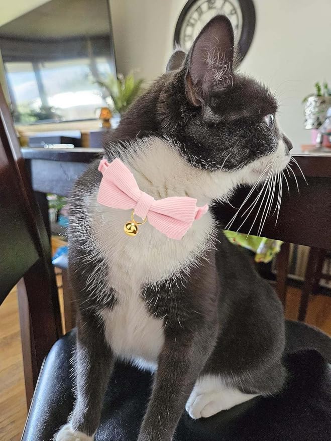 Cotton Breakaway Cat Collar with Bow Tie and Bell, Adjustable Cute Soft Corduroy Kitten Collars for Girl Cats